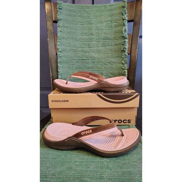 CROCS Vezzy Woman Women's Brown and Pink Thong Sandals Size 8 - Picture 2 of 8